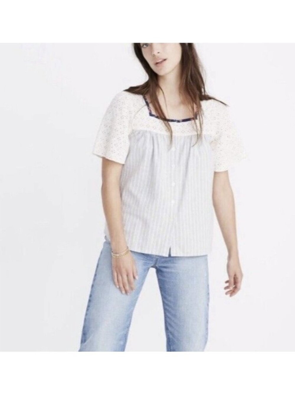 Madewell The New Denim Project Striped Eyelet Lace Short Sleeve Blouse Top M
